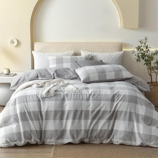 JIYUAN 100% Washed Cotton Duvet Cover Set 3 Pieces Queen, 1 Duvet Cover 90x90 Inches(Comforter Not Included) and 2 Pillowcases,Linen Feel Bedding Set Comfy and Breathable, Heathered Plaid Grey