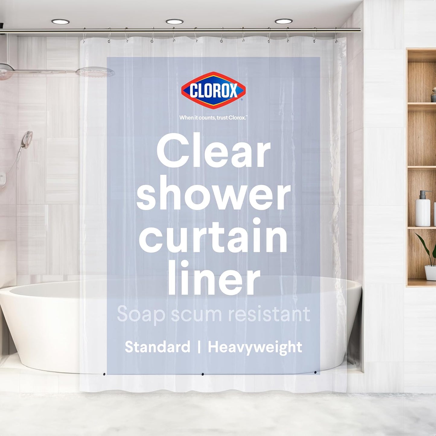 CLOROX Shower Curtain Liner, Premium Heavyweight Durable Waterproof 8g PEVA for Bathroom with Weighted Magnets, Standard Size 72" x 72", Clear 1 Pack