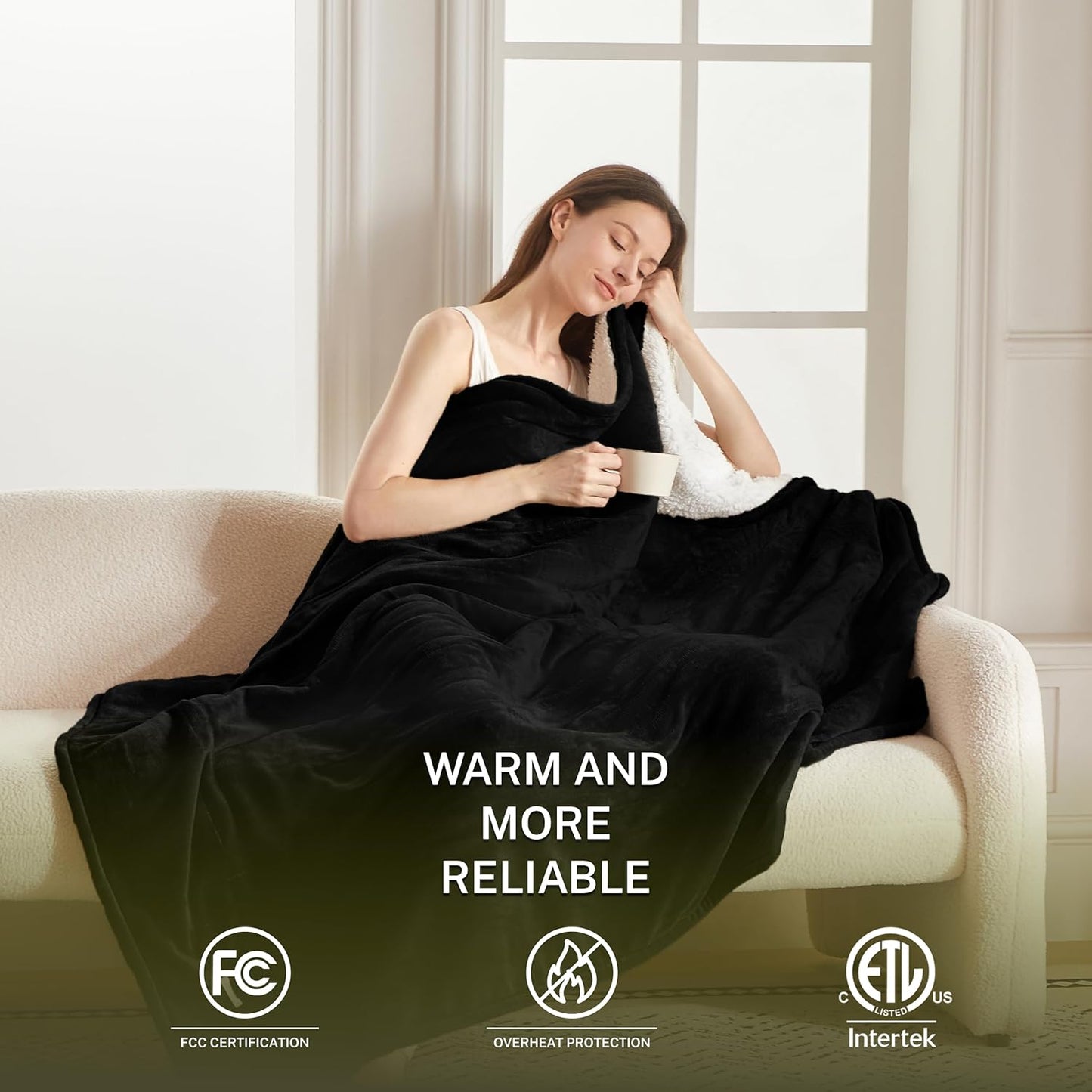 Heat Blanket 62”x84” Twin Size,Soft Flannel & Sherpa Reversible Electric Blanket with 10 Heat Settings,12 Timer Setting and 8 Hours Auto-Shut Off,ETL Certified Machine Washable,Black
