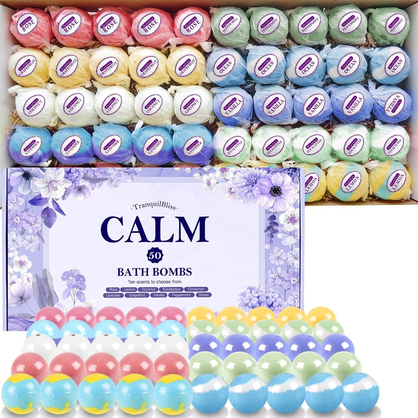 TranquilBliss Bath Bombs for Women, 50 PCS Set with 10 Rich Scents, Natural Bubble Bathbombs, Dry Skin Moisturizing, Present for Christmas, Mother’s Day, Birthday, for Mom, Wife, Her, Girls