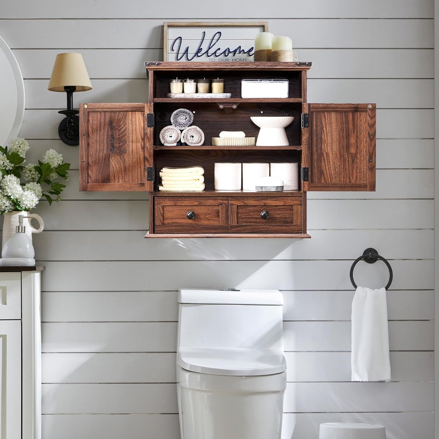 ACCOHOHO Bathroom Wall Cabinet, Farmhouse Medicine Cabinet, 24" Wide Cabinet with Drawer, Adjustable Shelf, Double Barn Doors, Storage Cabinet for Bathroom, Kitchen, Living Room, Brown