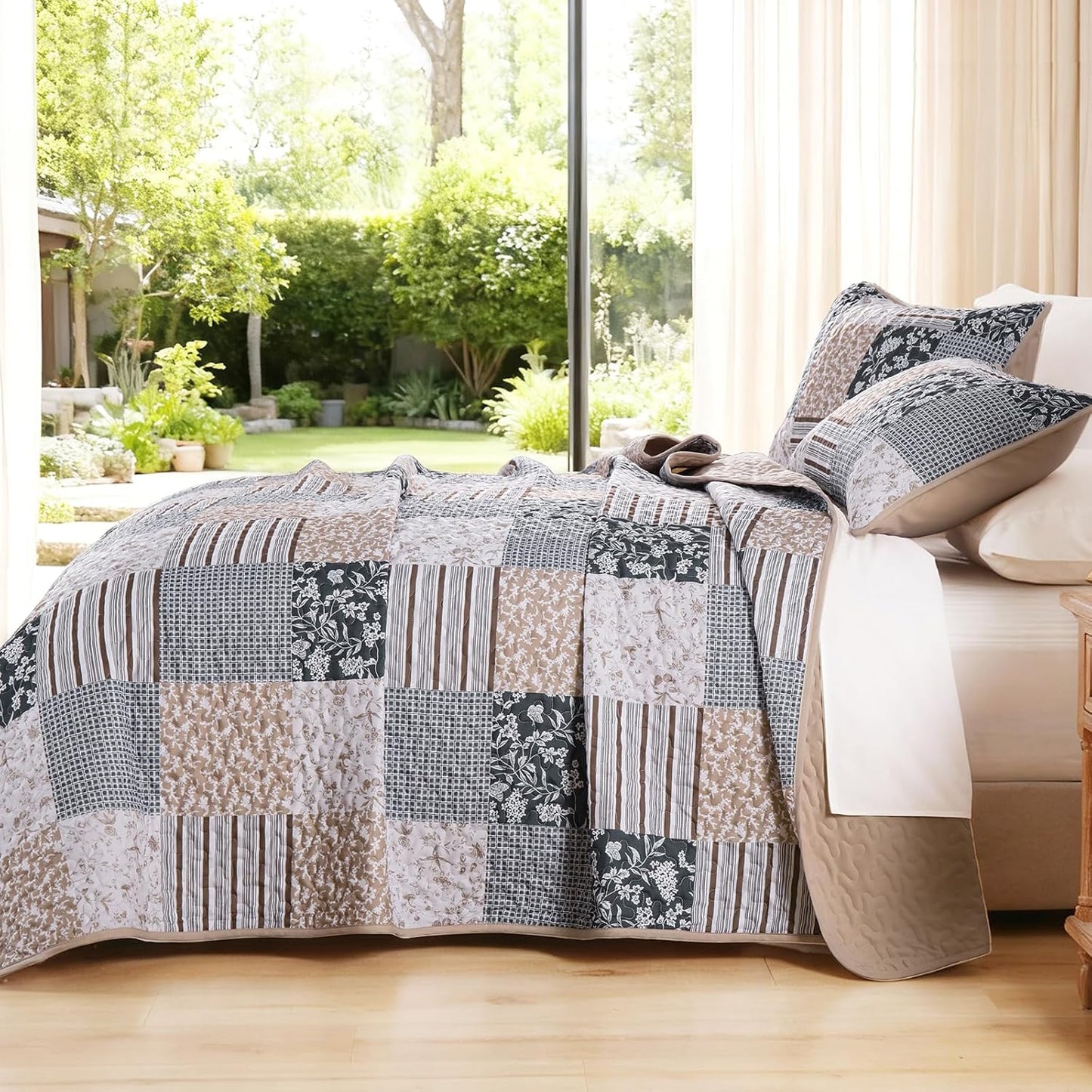 Mybedsoul Patchwork Quilt Set King Size, 3 Pieces Blue Brown Floral Plaid Bedspread Coverlet Set, Reversible Soft Microfiber Bedding Set for All Season, Fall Winter King 90"x104"
