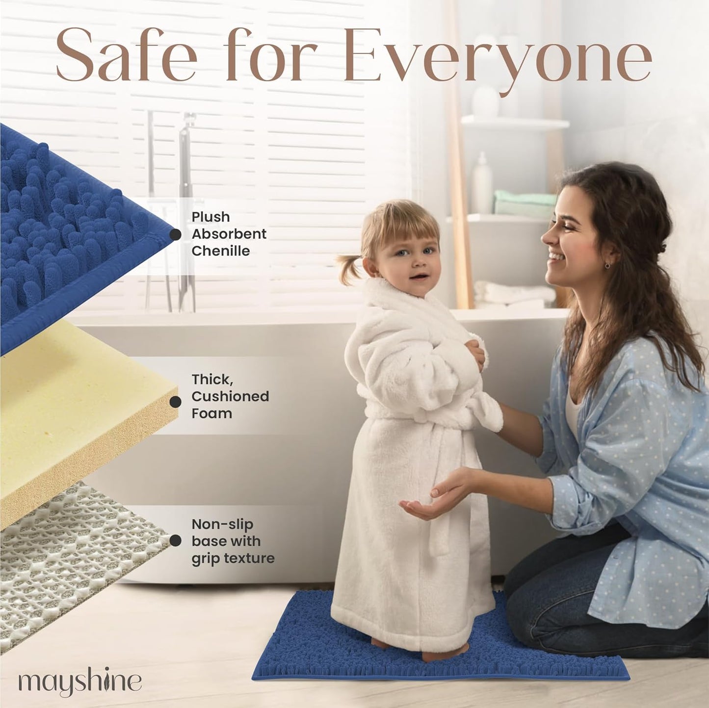 MAYSHINE Plush Shaggy Chenille Bath Mat | Extra Soft, Super Absorbent, Non-Slip Bathroom Rug | Fluffy Microfiber, Area Rug Sets for Bathroom Floor, Kitchen, Living Room | 47"x27" | Dark Blue
