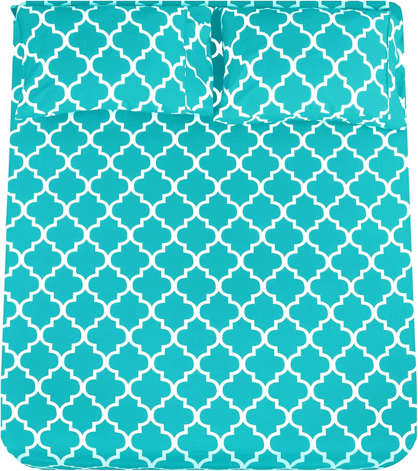 Mejoroom Full Bed Sheet Set - Super Soft Brushed Microfiber 1800 Thread Count Sheets with 16 inch Deep Pocket - Wrinkle Free - 4 Piece(Full, Aqua Quatrefoil with White Pattern)