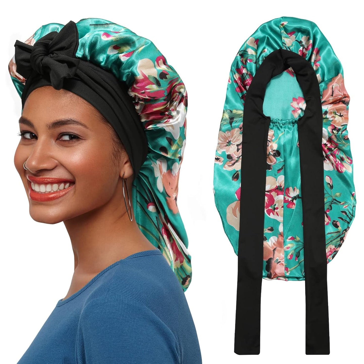 AWAYTR Long Satin Bonnet for Braids - Elastic Silk Hair Bonnets for Sleeping Night Cap Stretchy Tie Band for Women（Flower A）