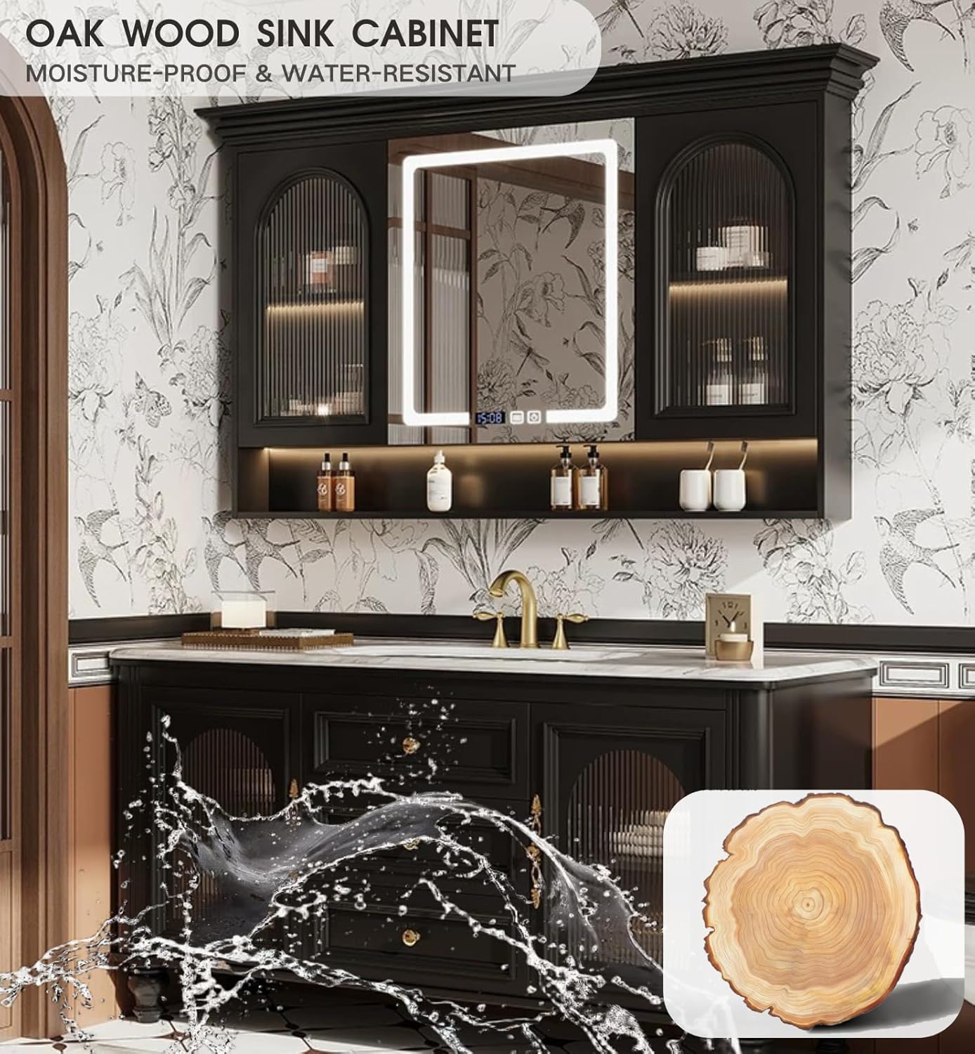 Freestanding Bathroom Vanity with Sink, Solid Wood Bathroom Vanity Set, Vintage Bathroom Vanities with Large Capacity Storage Cabinet and Open Shelf, Elegant Vanities (Black,80")