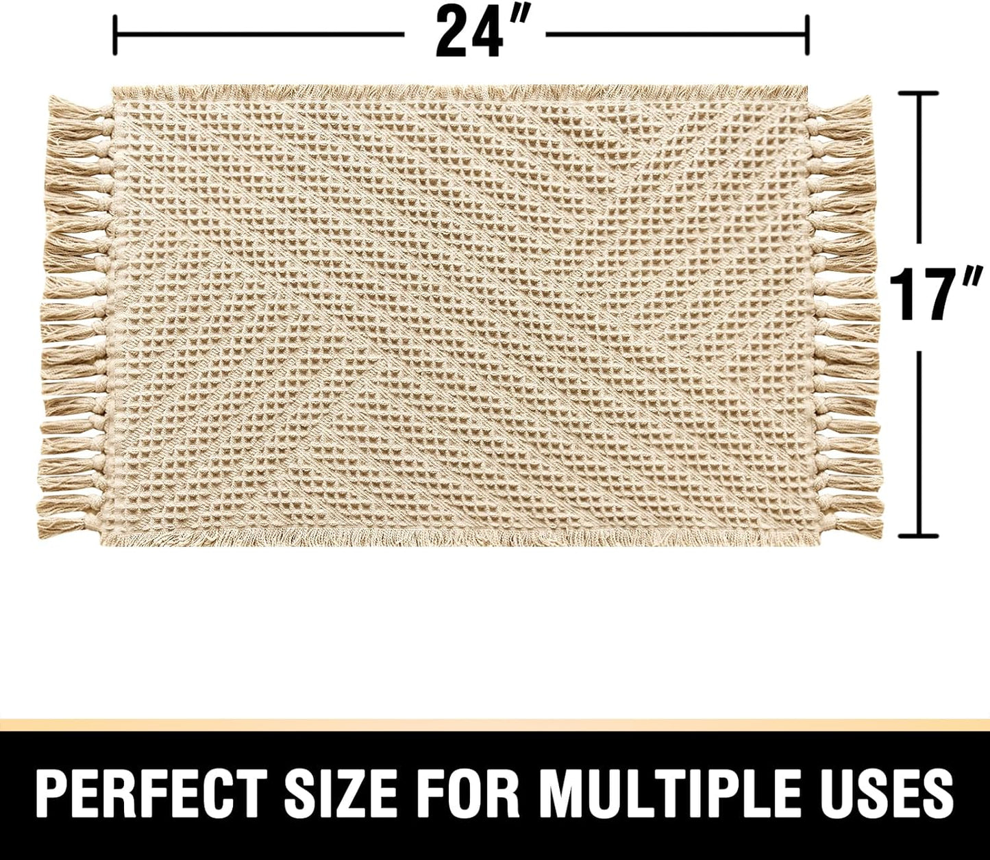 H.VERSAILTEX Waffle Bath Mat Super Absorbent Boho Bath Mat Non Slip Bath Rugs for Bathroom Floor Machine Washable Dry Fast Bathroom Rugs with Tassels, 17" x 24", Sand