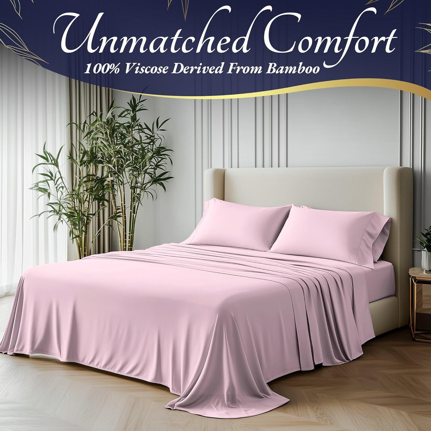 DECOLURE 100% Viscose Derived from Bamboo Sheets Full Size 4pcs - Ultra Soft & Luxuriously Cooling, 17" Deep Pocket, Double Stitching, Perfect for Hot Sleepers - Full Bed Sheets (Light Pink)
