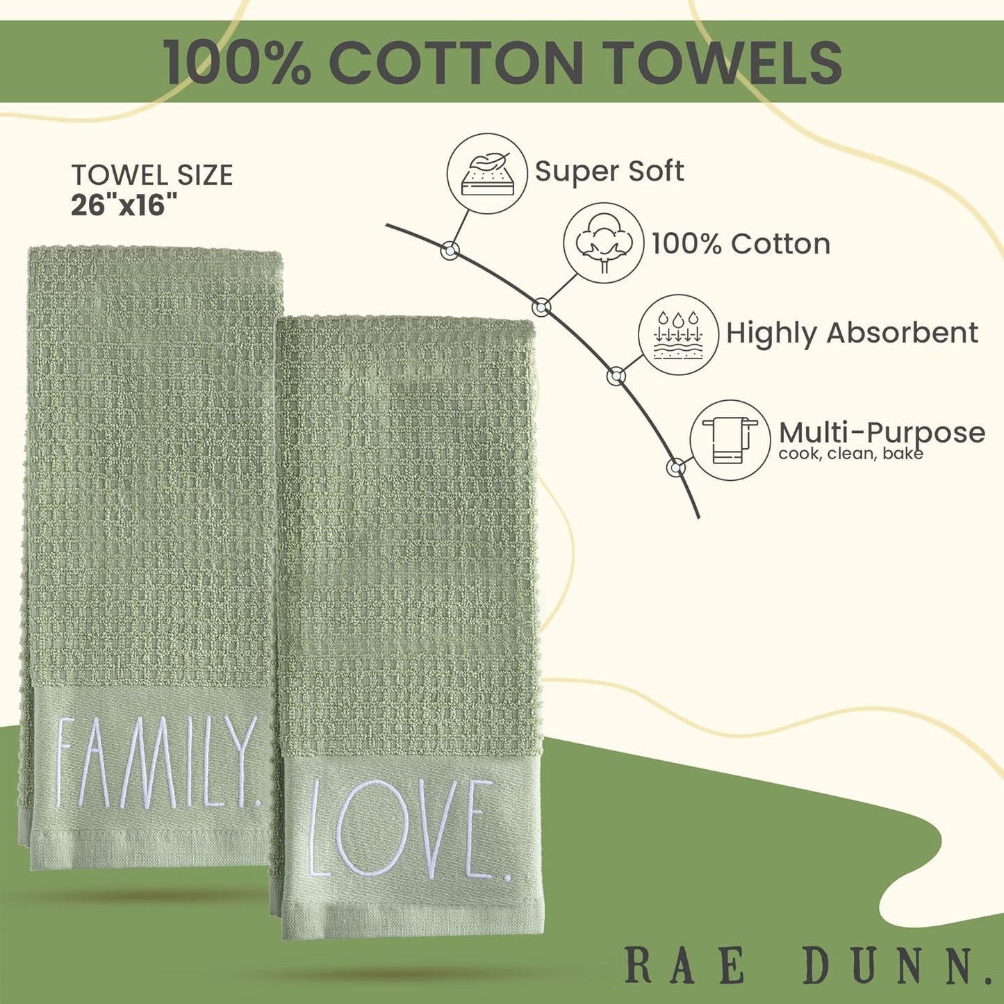 Rae Dunn Set of Hand Towels for Kitchen and Bathroom, 100% Cotton, Embroidered Dish Towels, Decorative Hand Towels, Sage- Love/Family, 2 Pack