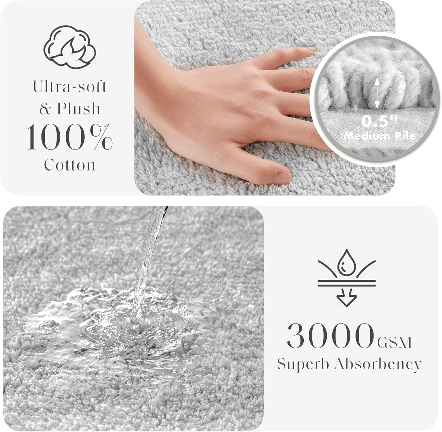 Madison Park Splendor Reversible 100% Cotton Tufted Bathroom Rug-3000 GSM Hotel Quality Luxurious Plush Medium Pile Bath Mat Absorbent, Quick Dry, Shower Room Décor, 24x44 Grey