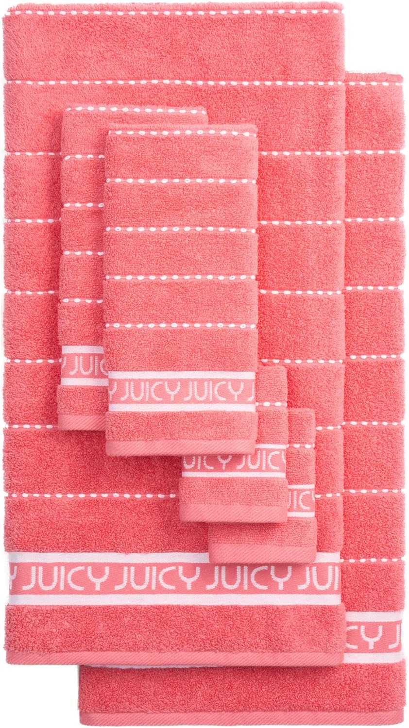 Juicy Couture Luxurious Plush Stripe 6-Piece Set - Pink Coral 100% Cotton Bath Towel Set - Soft and Stylish for Ultimate Comfort and Elegance