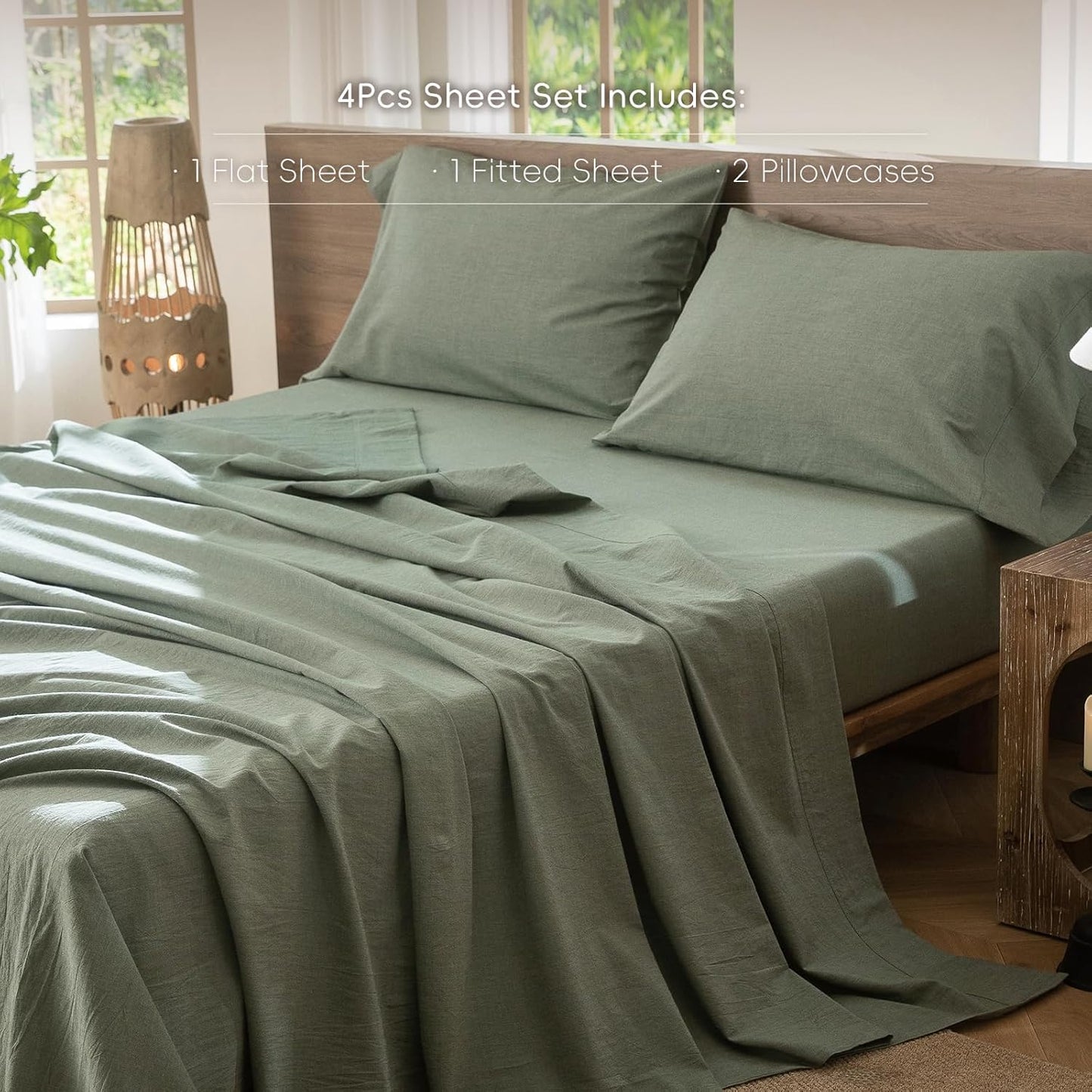 MooMee Bedding Sheet Set 100% Washed Cotton Linen Like Textured Breathable Durable Soft Comfy (Heathered Green, California King)
