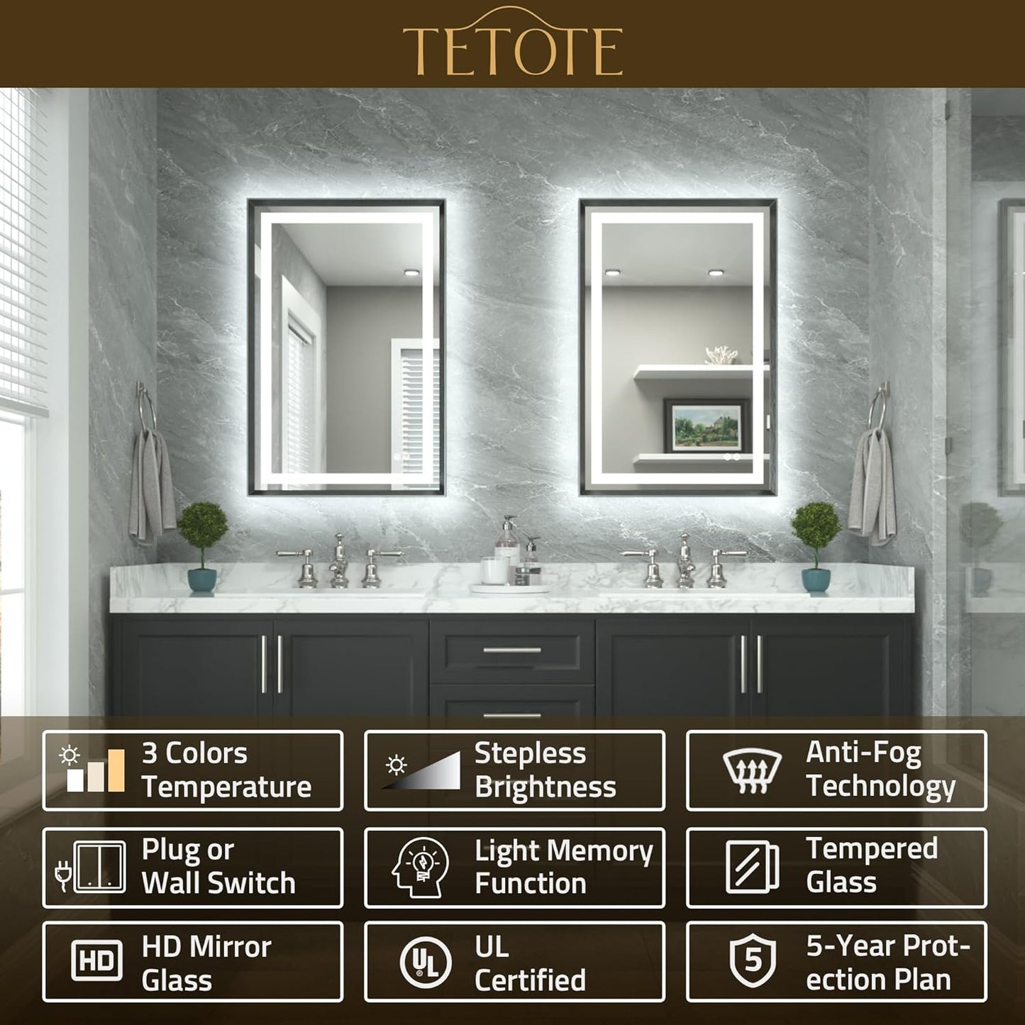 TETOTE 28 x 36 Bathroom LED Mirror Brushed Gunmetal Gray Frame Frontlit & Backlit Vanity Mirror Anti-Fog Stepless Dimmable 3 Colors White/Warm/Natural Wall-Mounted