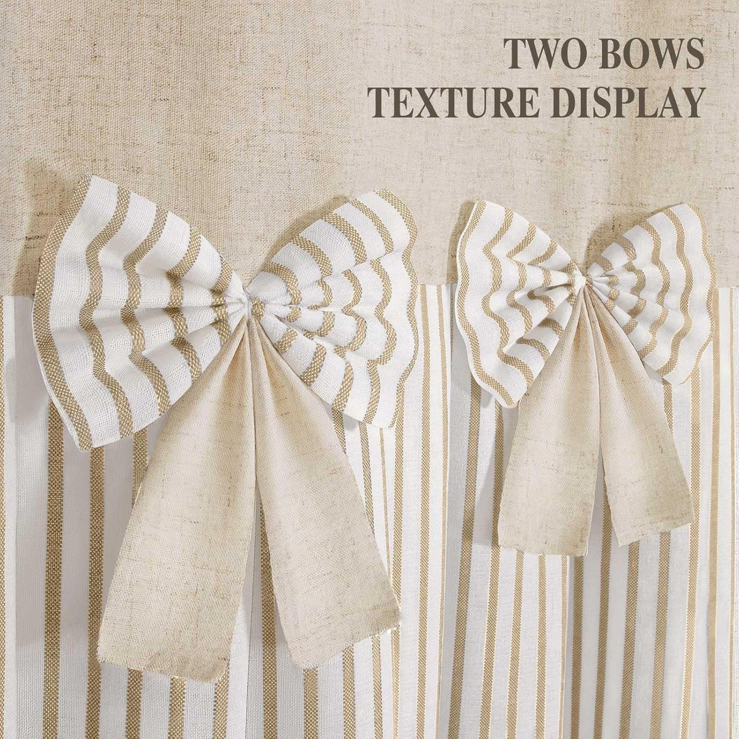 Farmhouse Shower Curtain Linen Beige Bow Woven Fabric Country Rustic Western, Pleated Beige Stripe 72" W x 84" L