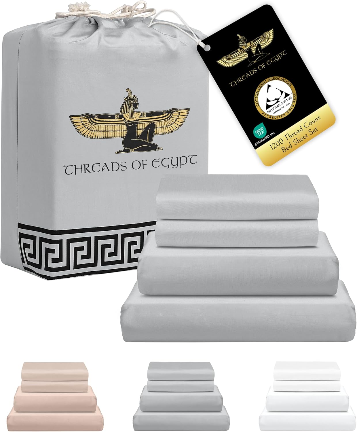 100% Egyptian Cotton Sheets King Size | 1200 Thread Count | CEA Gold Seal Certified | Ultra Soft | Cooling for Hot Sleepers | 18" Deep Pocket | King Size [Grey]