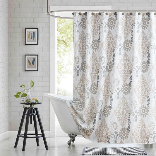 Fabric Shower Curtain 78 Inches Long, White and Beige Boho Damask Print Shower Curtains for Bathroom, 72" W x 78" H
