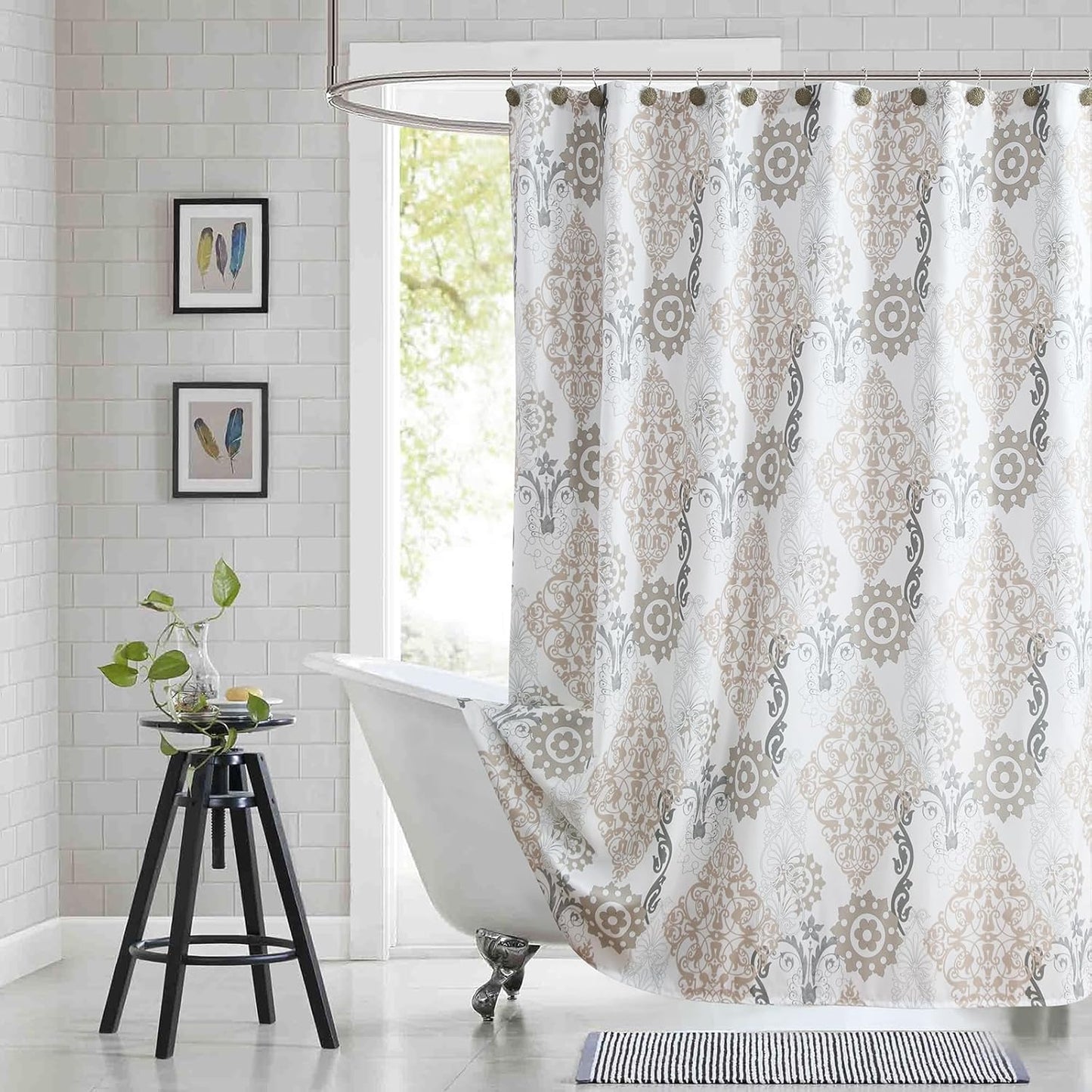 Fabric Shower Curtain, White and Beige Boho Damask Print Shower Curtains for Bathroom, 72" W x 72" H