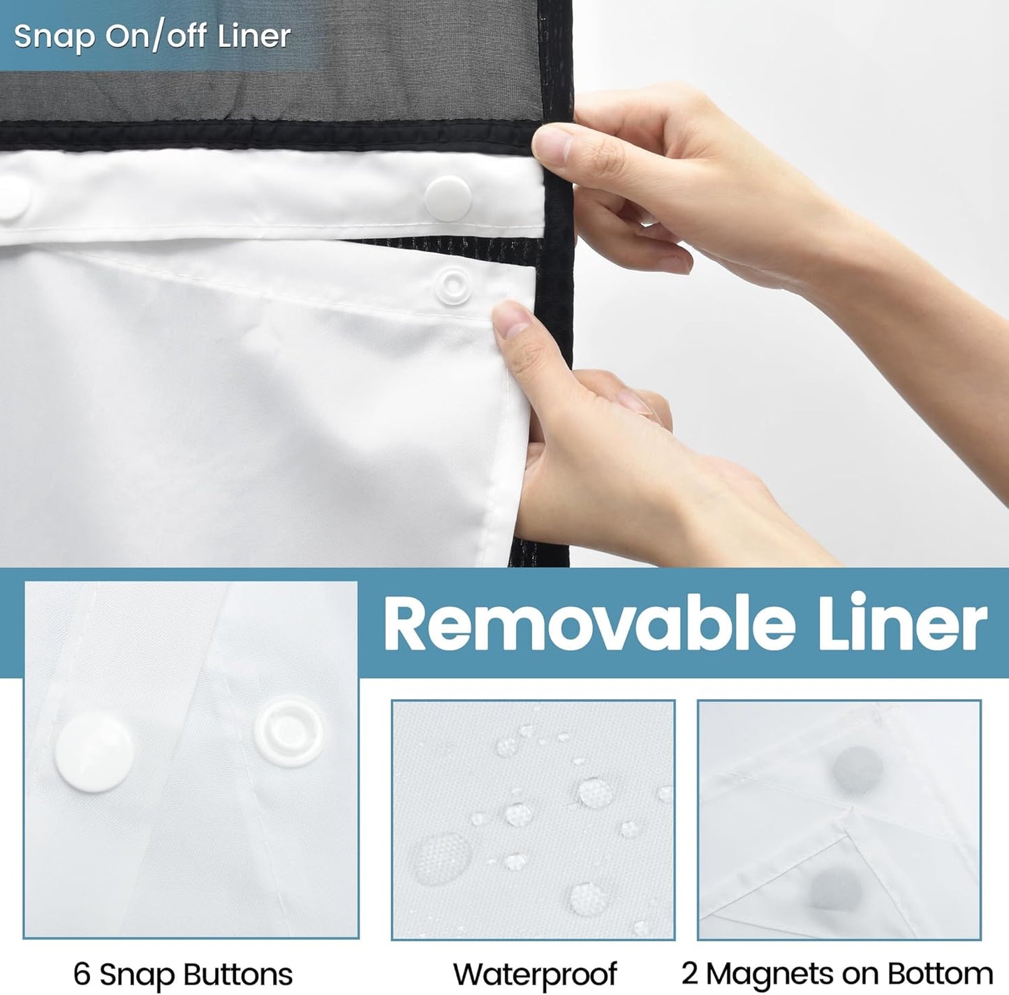 Stall No Hook Shower Curtain with Snap in Liner,230GSM Waffle Weave Shower Curtains for Bathroom,36W x 74H,Black