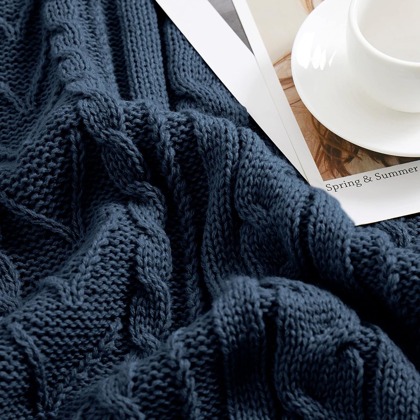 Aormenzy Navy Blue Cable Knit Throw Blankets for Couch Bed Sofa, Acrylic Knitted Blanket, Soft Cozy Throw Blanket, 50" x 60"