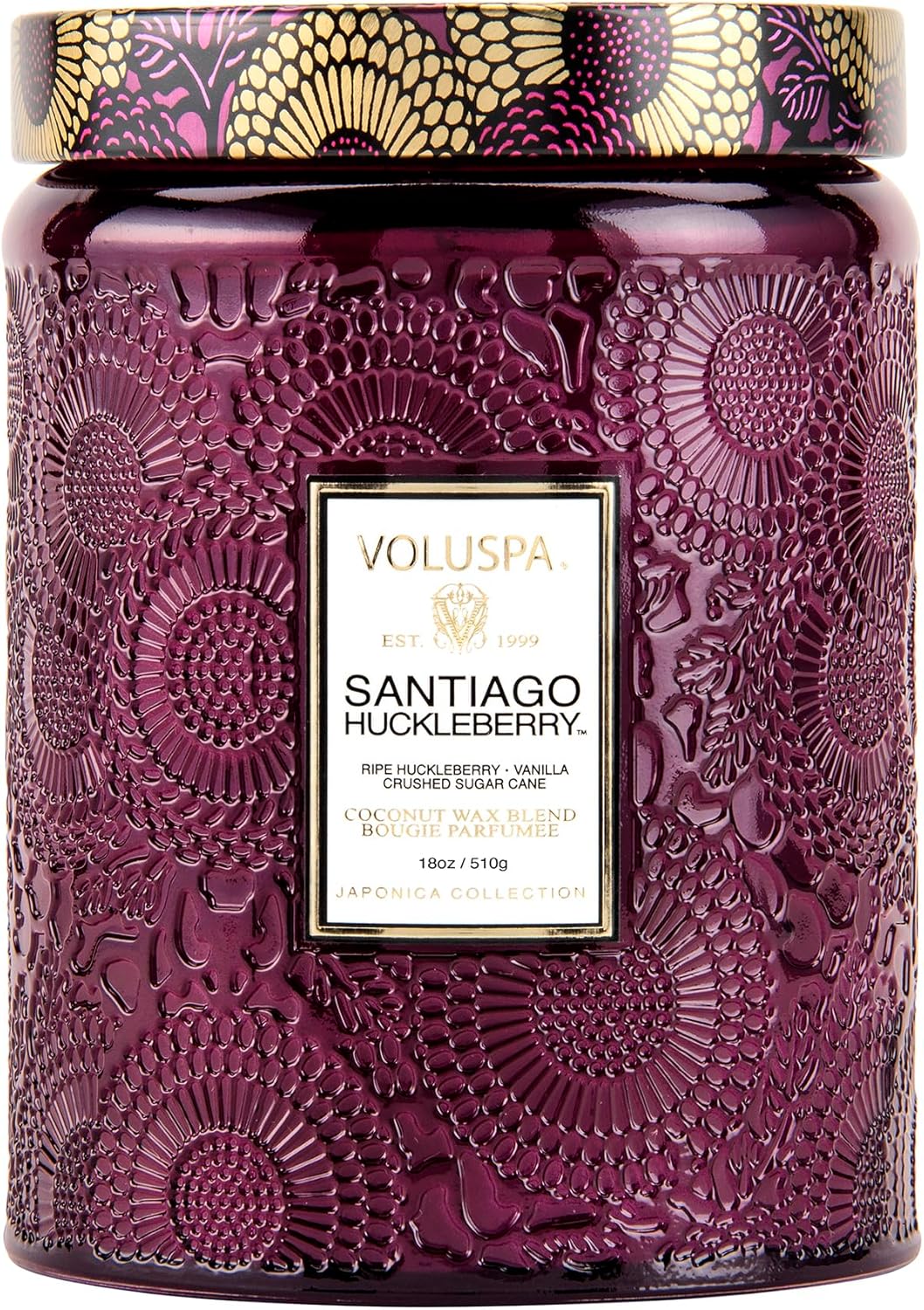 Voluspa Santiago Huckleberry, Large Candle Jar, 18 oz, 100 Hour Burn Time, Coconut Wax for Clean Burning, Handcrafted in the USA