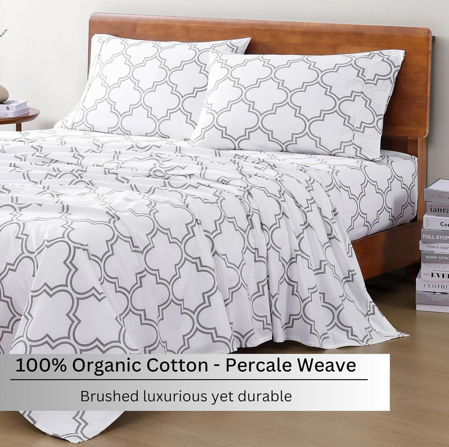 LANE LINEN 100% Organic Cotton Twin XL Sheet Set, Low Pilling Printed Fade Resistant Machine Washable Extra Long Twin Bedding Set, Soft & Comfy Printed Cotton Sheets - Trellis