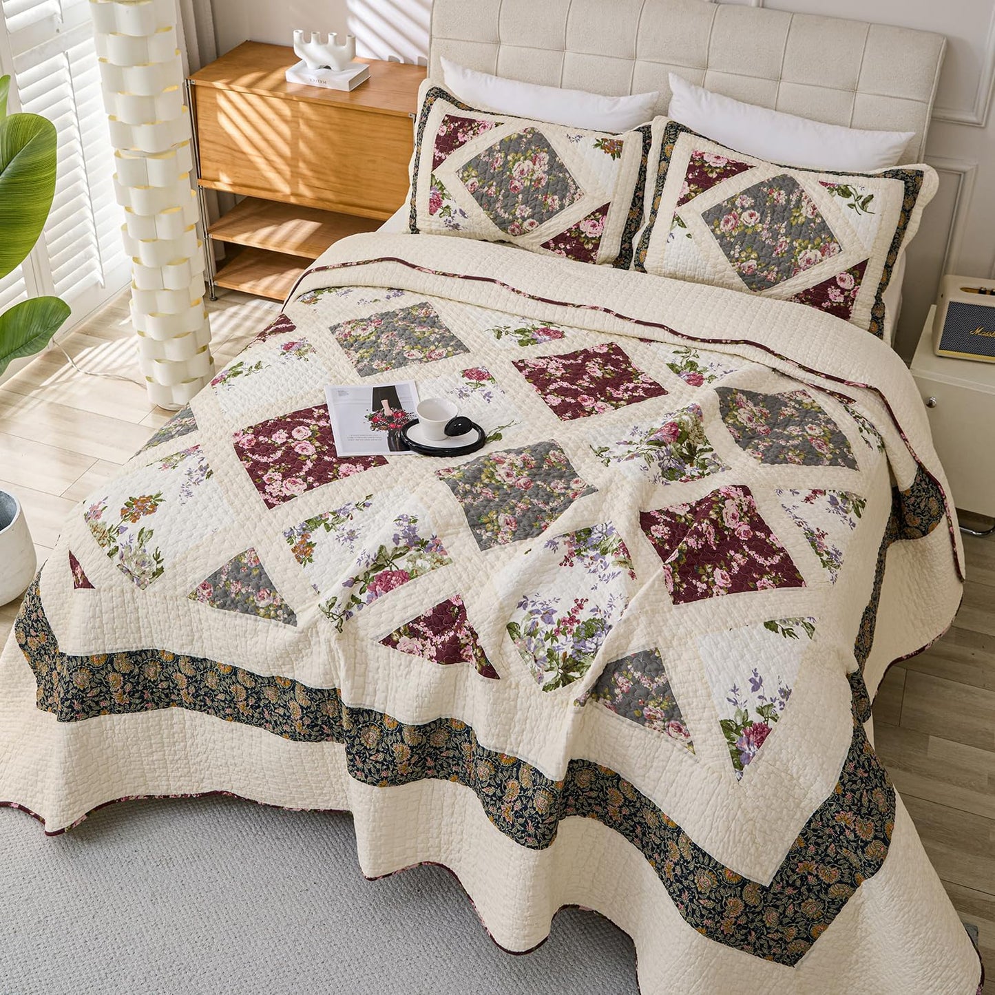 Cmfshape Floral Quilt Sets Bedspread Set 100% Cotton Patchwork Bedding Set,All Season Use Lightweight Reversible Coverlet Quilts with 2 Pillow Shams(Queen 92"x96")