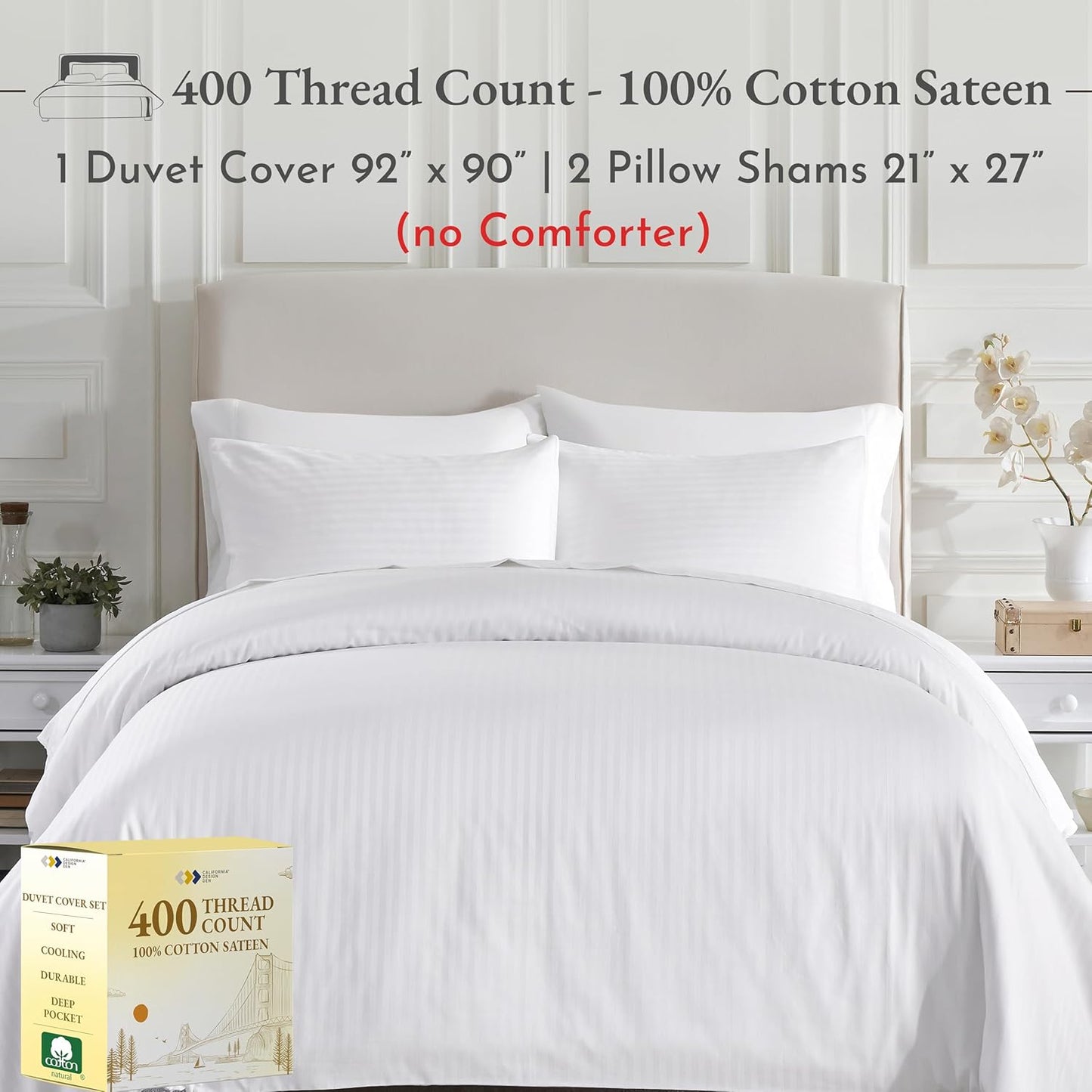 California Design Den Stripe Duvet Cover Queen Size, 400 Thread Count Sateen 100% Cotton Comforter Cover, 2 Pillow Shams, 3-Pc Bedding Set, Button Closure, Corner Ties (White Stripes, Full/Queen)