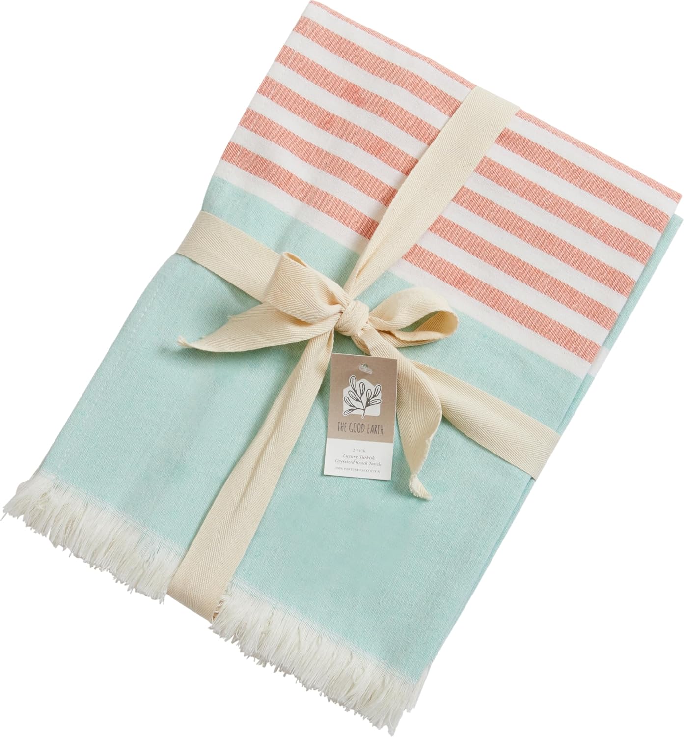 The Good Earth 4 Pack Oversized Turkish Beach Towel Set - 35" x 78" - Luxury Portuguese Cotton - Sand Resistant - Mint/Coral