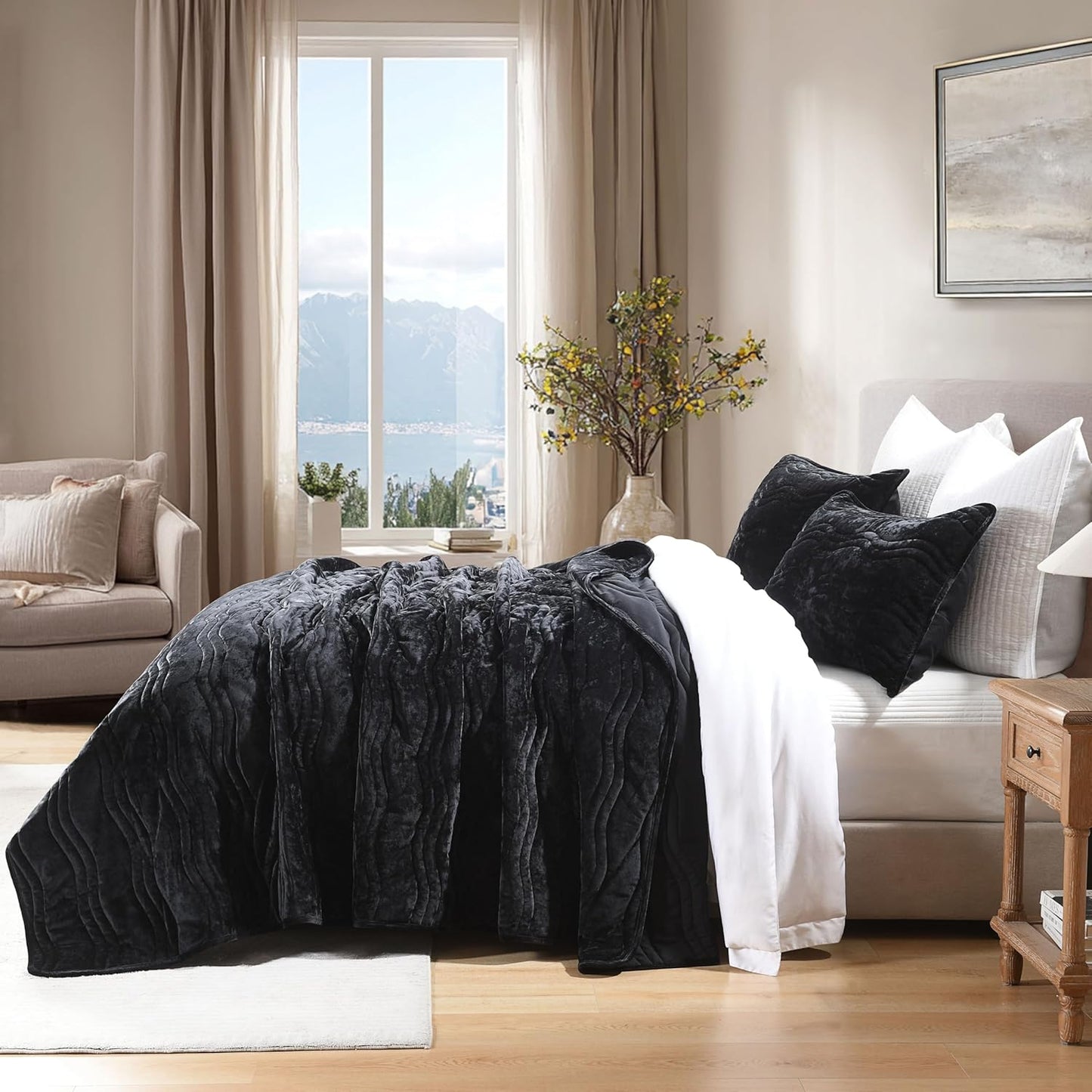 Luxury Velvet Queen Comforter Set, Black Queen Size Comforter Sets, Black Queen Quilt Bedding Set, Luxurious Plush Bedspreaqd Sets, Soft Lightweight Quilts Queen Size for All Season