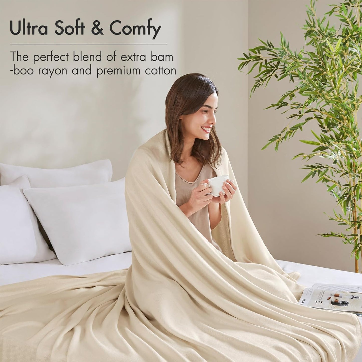 Madison Park King Size Blanket, 70% Rayon Bamboo-Based, 30% Cotton, Breathable for Hot Sleepers Menopause, Ultra Soft and Snag-Resistant, Summer Blanket for Bed or Couch, King 108"x90", Ivory