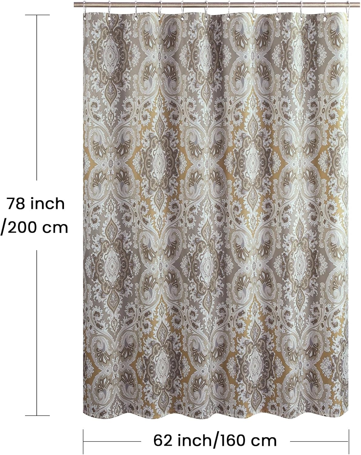 Long Fabric Shower Curtain, Beige Grey Blue Printed Boho Paisley Damask Pattern Shower Curtains for Bathroom, Waterproof Bathroom Curtains, 62" W x 78" H