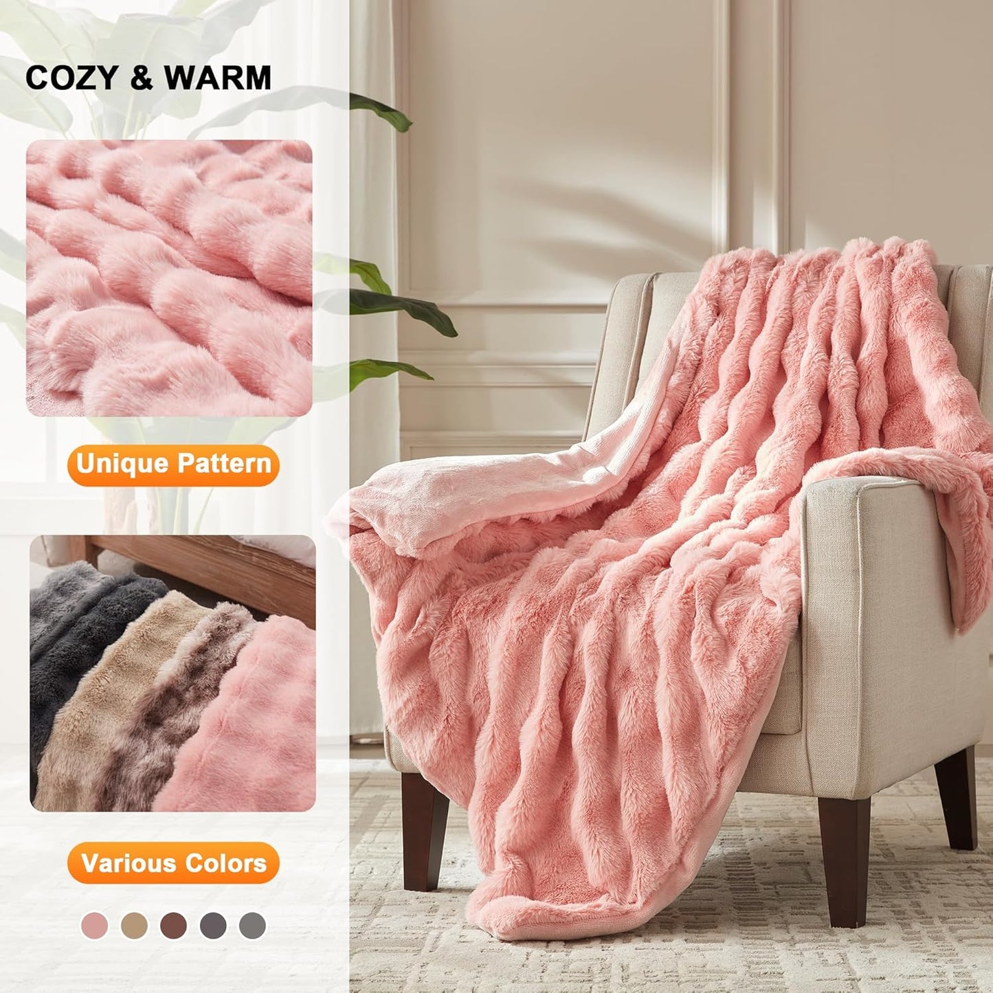 Heated Throw Blanket - Plush Thick Bubble Faux Fur Heated Blanket, Fast Heating Electric Blanket 6 Heating Levels & 4 Hours Auto-Off, Machine Washable, 50"x60", Pink