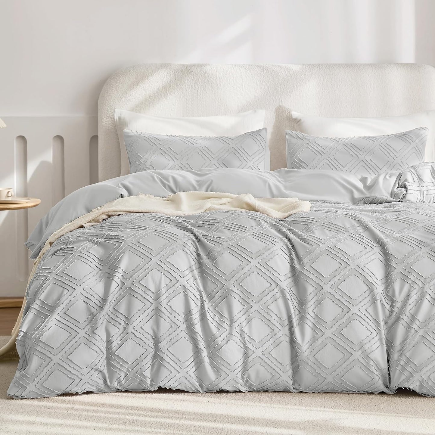 JELLYMONI Duvet Cover Twin Size Light Grey - 3PCS Boho Duvet Cover Set Plaid Polyester Tufted Bohemian Jacquard Knit Textured Comforter Cover 68×90in Rhombic Geometric Pattern Corner Ties & Zipper