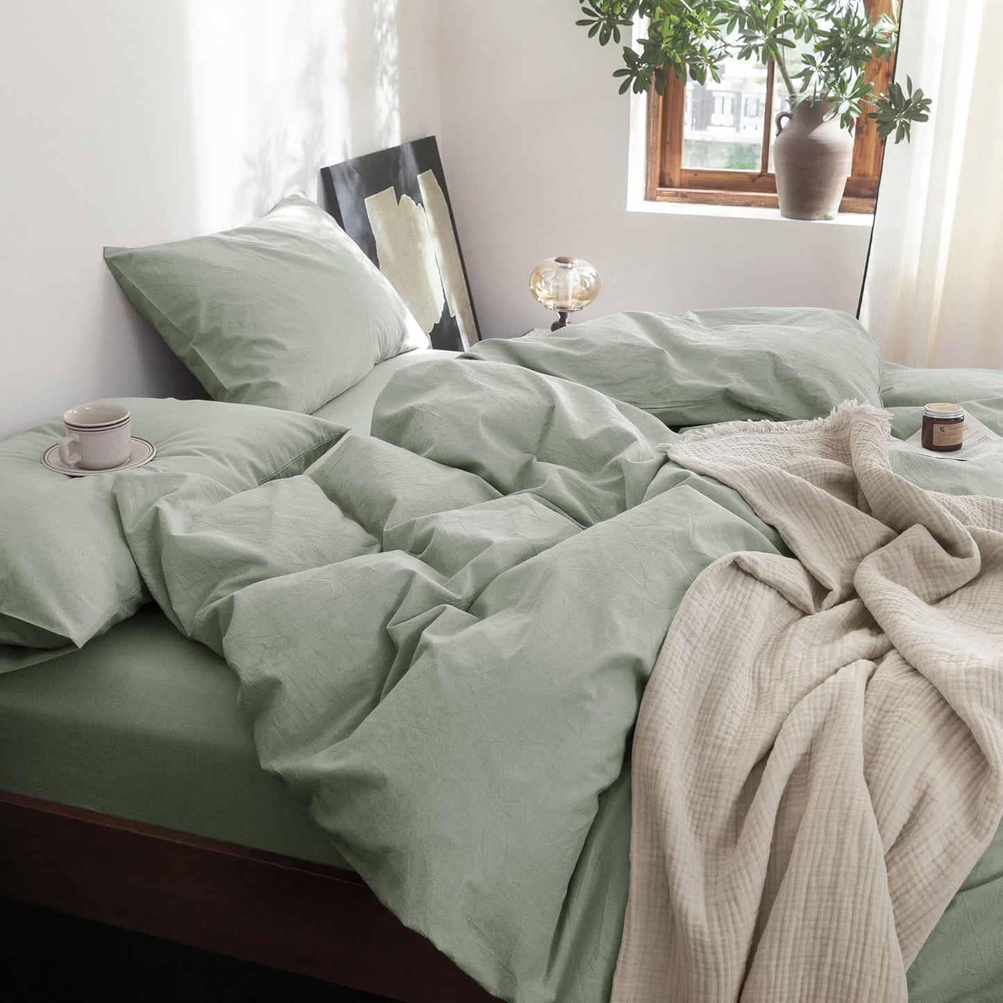 FOSSA Duvet Cover Set 100% Washed Cotton Linen Feel Super Soft Breathable Cozy 3 Pieces Bedding Sets Solid Sage Green Super Queen