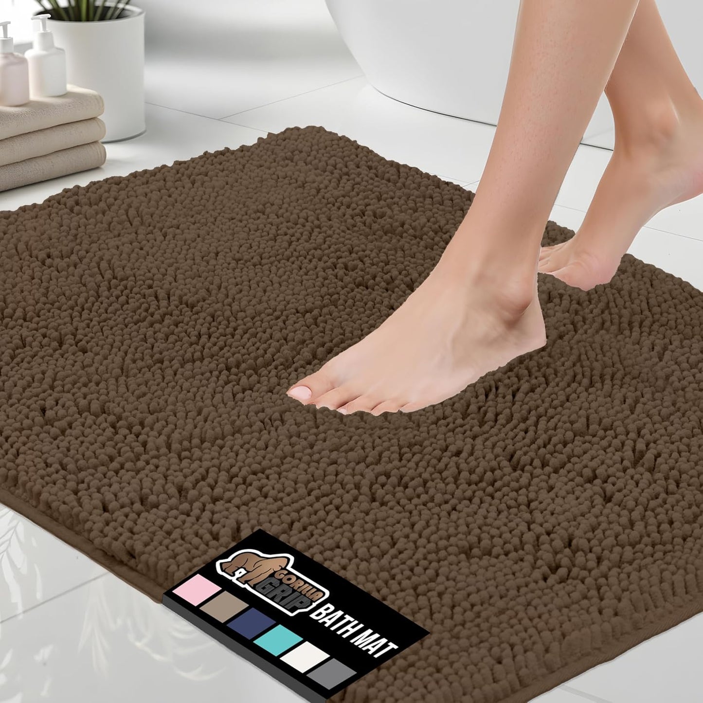 GORILLA GRIP Bath Rug Mat 48x24, Thick Soft Absorbent Chenille, Quick Dry Microfiber Mats, Rubber Backing Washable Shower Floor Rugs, Bathmat Runner, US Designed Bathroom Home Decor Accessories Brown
