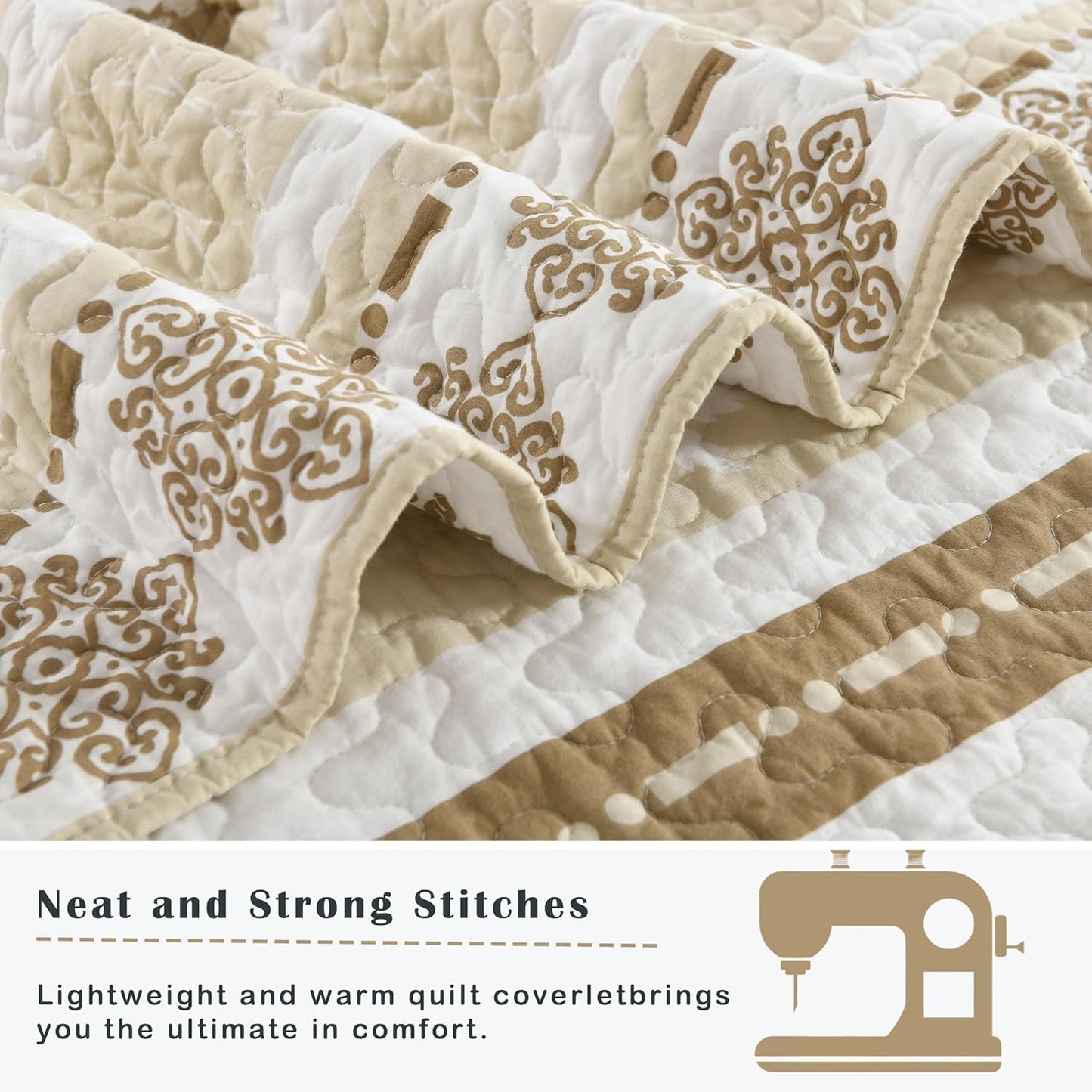 Bedding Set, King Size Quilt, Cotton Bedding Comforter Sets, Brown Taupe Striped Pattern Bed Set, Lightweight Reversible Bedspreads, Machine Washable Coverlet Neutral 3 Pieces