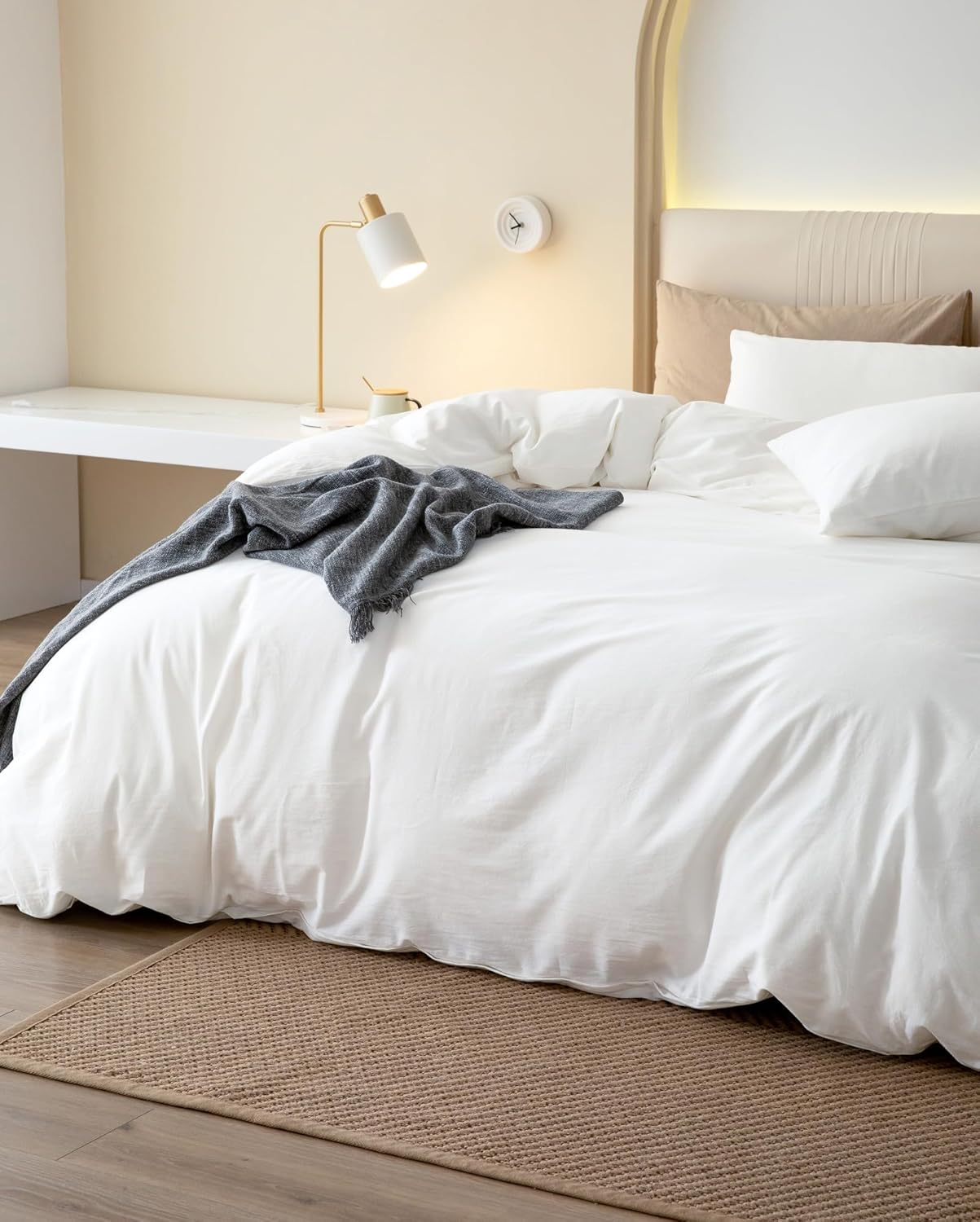 JIYUAN 100% Washed Cotton Duvet Cover Set 3 Pieces Cal King, 1 Duvet Cover 104x98 Inches(Comforter Not Included) and 2 Pillowcases,Linen Feel Bedding Set Comfy and Breathable,Bright White