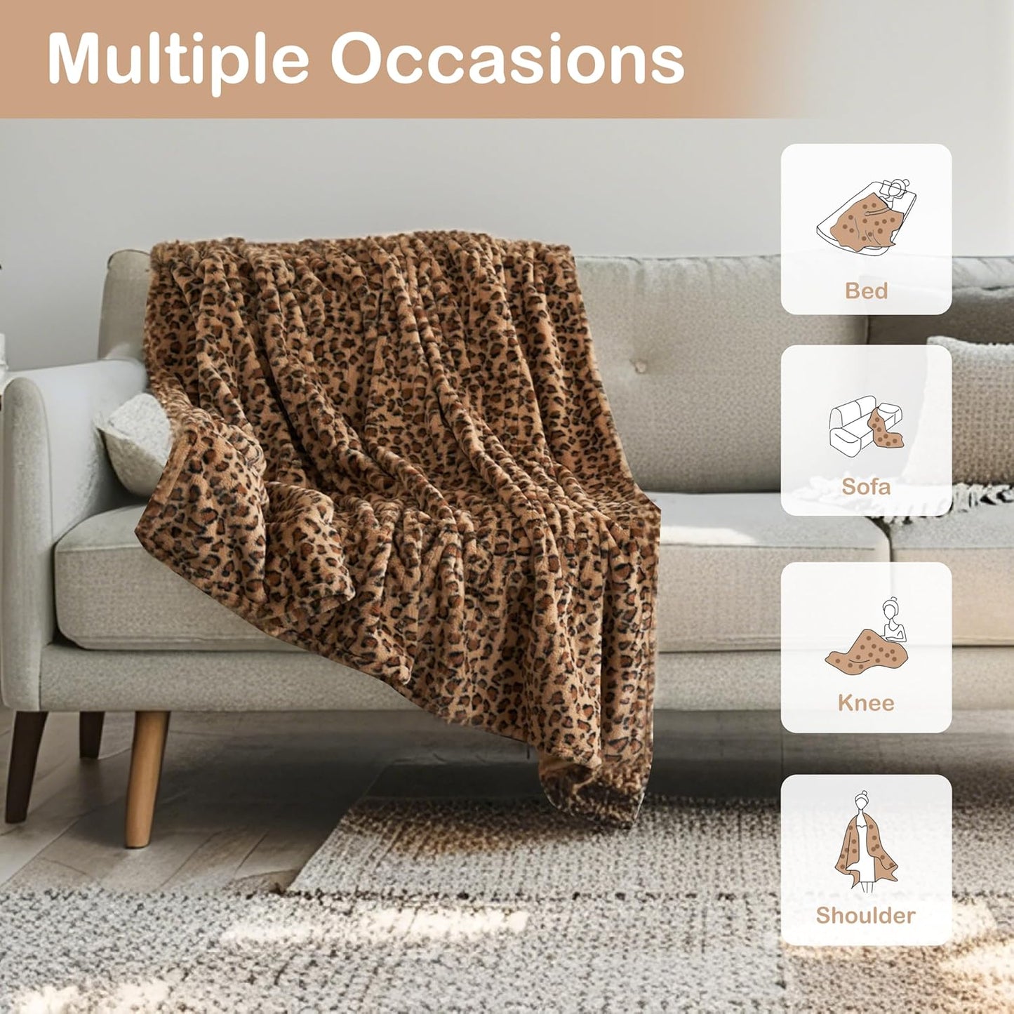 Electric Heated Blanket Throw Size 50" x 60", Super Cozy Soft with 6 Heating Levels & 3 Hours Auto Off, Soft & Comfort, Machine Washable, Home Office Use, Brown Leopard Print
