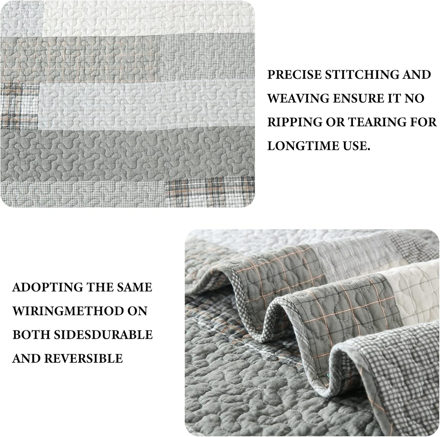 Y-PLWOMEN Quilt King Size - 100% Cotton Grey King Quilt Farmhouse Plaid Quilted Bedspread, 3 Pieces Lightweight Reversible King Size Quilt Bedding Set for All Season