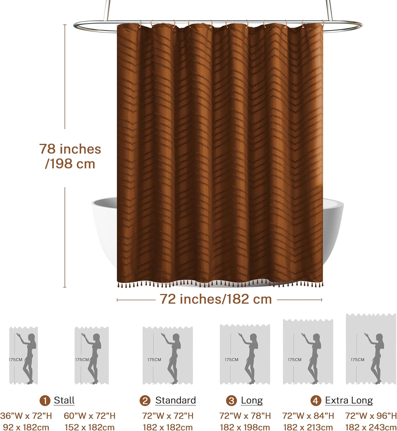 Boho Extra Long Pumpkin Orange Shower Curtain with Tassel, Woven Fabric, Tufted Chevron Striped, 72 x 78, Modern Chic Textured Minimalist Bathroom Shower Curtain