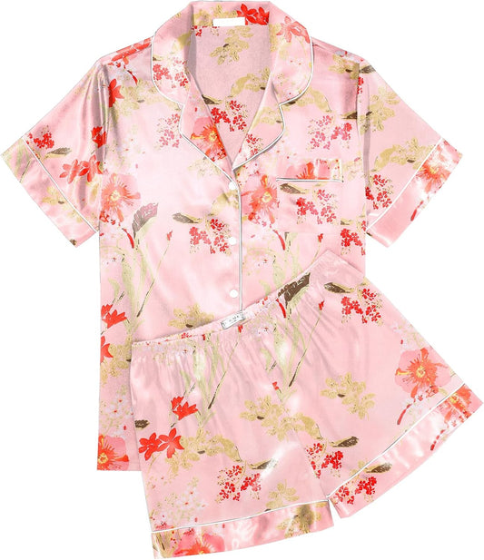 Ekouaer Pajamas for Women Set Silk Satin Pjs Shorts Sleepwear 2 Piece Loungewear S-XXL