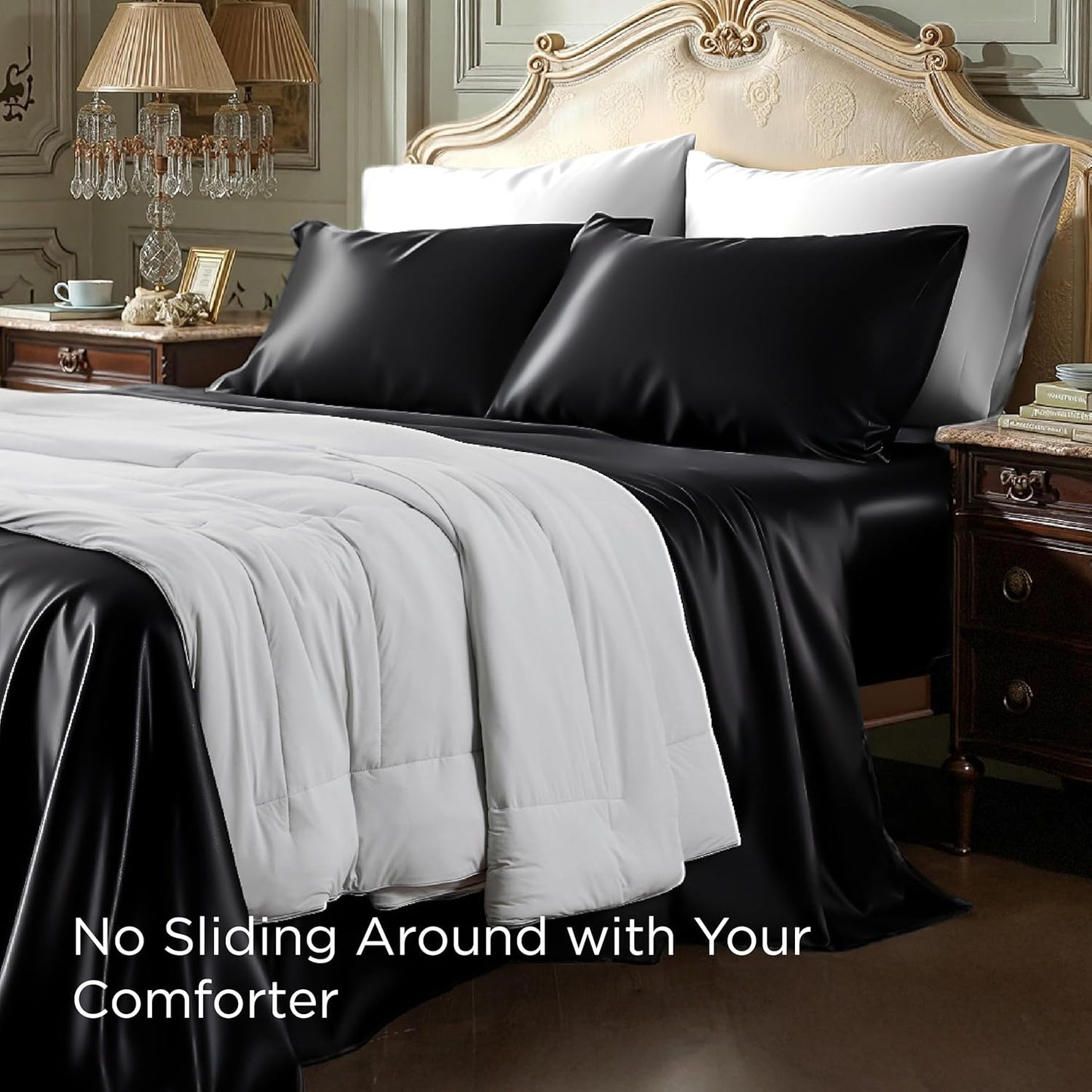 Bedsure Black Satin Sheets Queen Size - 4 Piece Silky Bedsheets with 15 Inches Deep Pocket Fitted Bedsheet,1 Flat Sheet, 2 Satin Pillowcases, Good for Hair & Skin (Queen, Black)