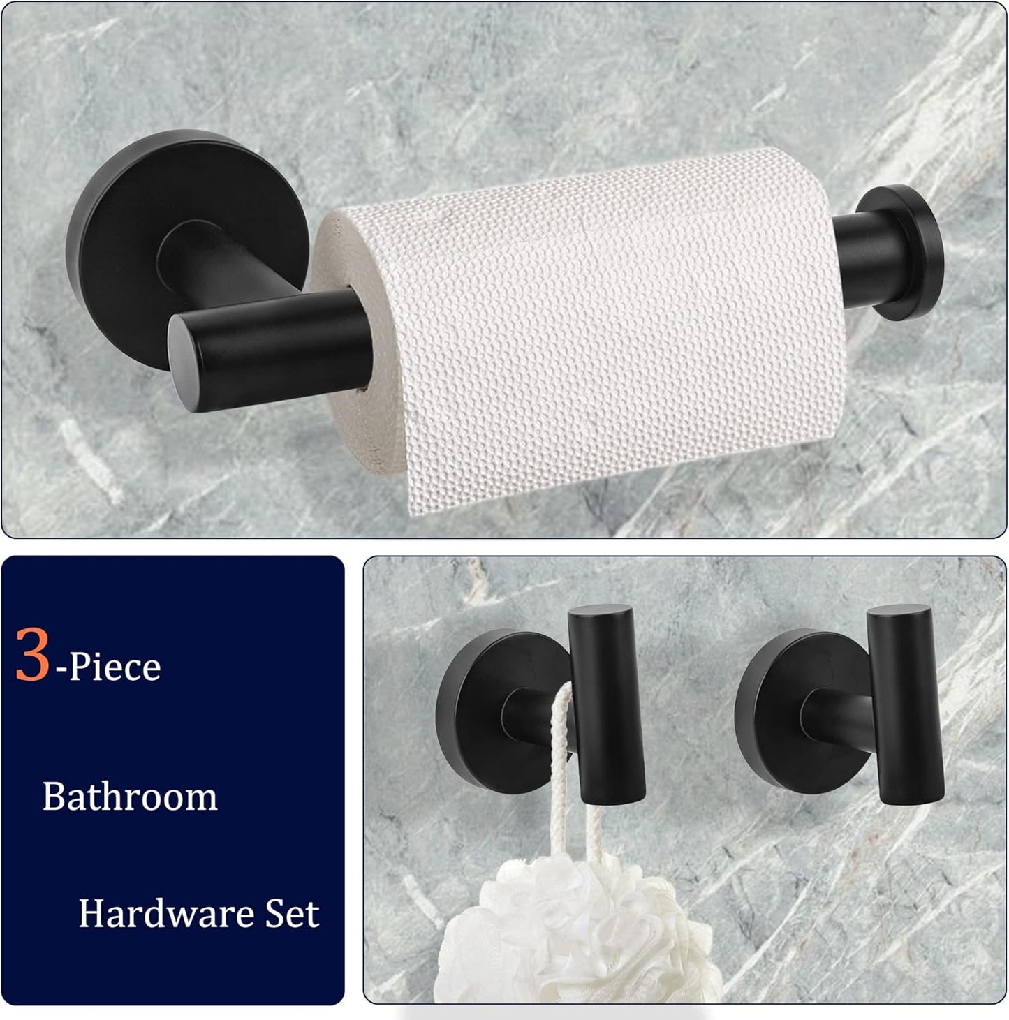 Matte Black Bathroom Hardware Set, Premium Stainless Steel 3-Piece Include 5 Inch Toilet Paper Holders and 2 Towel Robe Holder Hook for Bathroom, Kitchen, Washroom Wall Mount