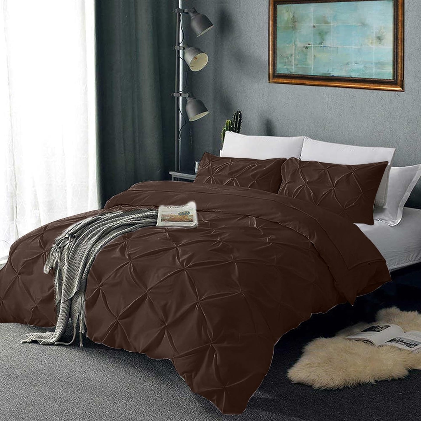 Pinch Pleated Duvet Cover Set 100% Cotton 3PC Super King Size 98x108 Duvet Cover Set, Decorative Pinch Design Brown Duvet Cover with Matching Pillow Case