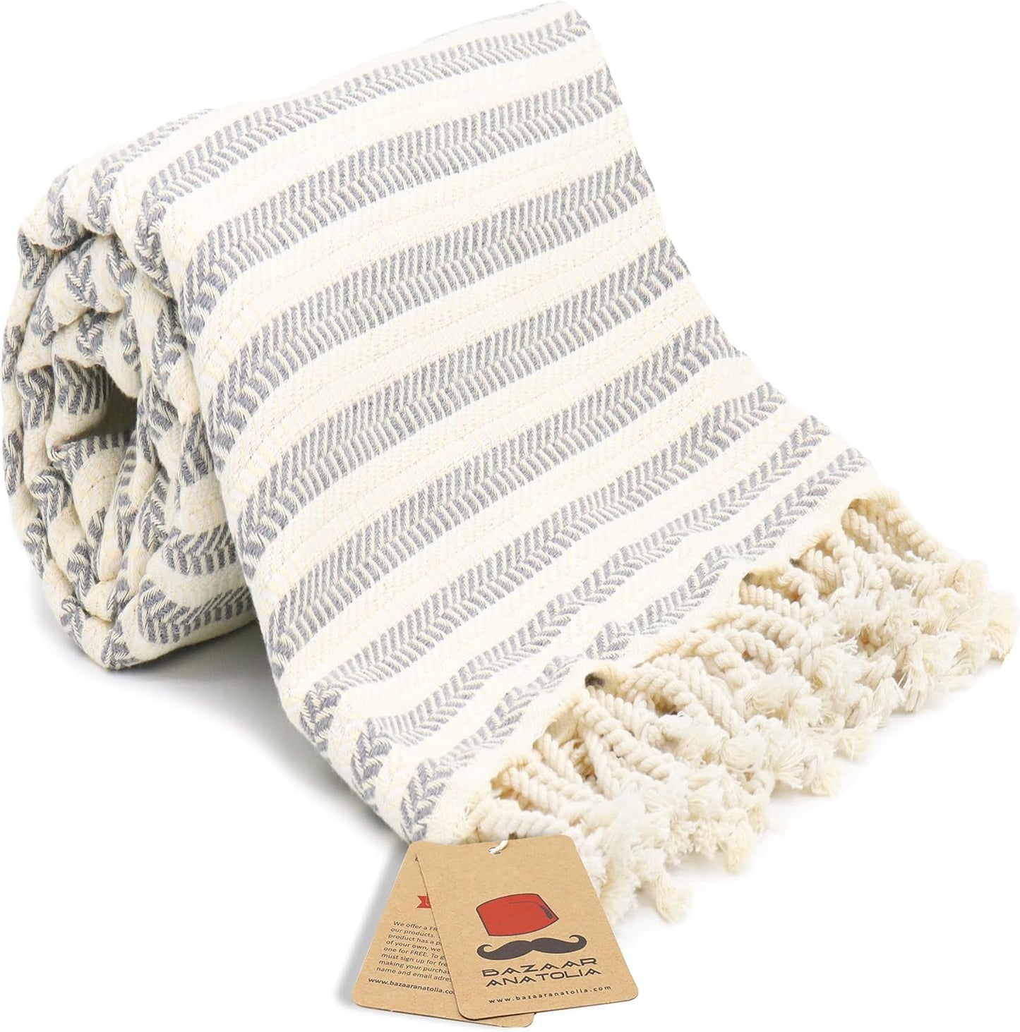 Bazaar Anatolia Turkish Beach Towel – 100% Cotton, Quick Dry, Sand Free Large Towel for Bathroom and Camping – Oversized 71x39 Inches – Arpa Grey