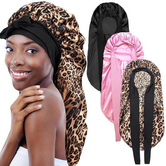 3Pcs Bonnets for Black Women Braid Bonnet, Large Long Satin Bonnet for Braids Sleeping, Black Women Satin Silk Bonnet (3Pcs-Black & Pink & Leopard)