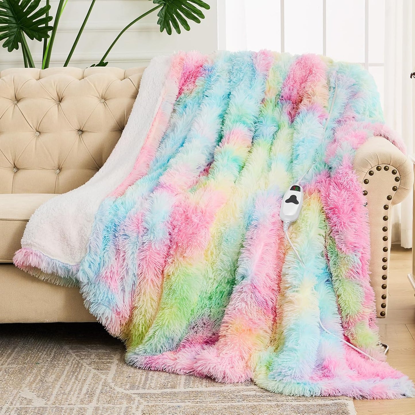 Heated Electric Blanket Twin,Warm Winter Birthday Gifts for Women Her Grandma–Faux Fur with Soft Sherpa,10 Heat Settings,5 Time Settings with Fast Heating, 62x84, Rainbow