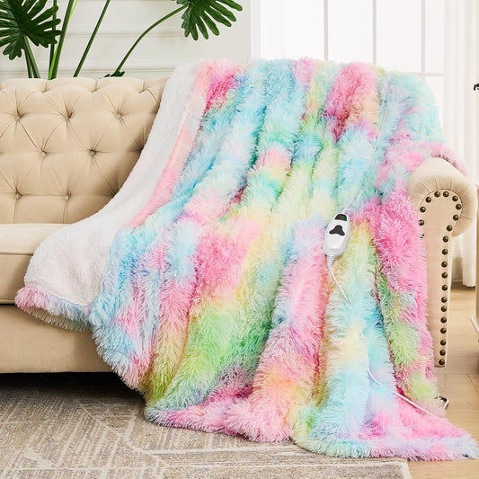 Heated Electric Blanket Throw,Warm Winter Birthday Gifts for Women Her Grandma-Faux Fur with Soft Sherpa,10 Heat Settings,5 Time Settings with Fast Heating, 50x60, Rainbow