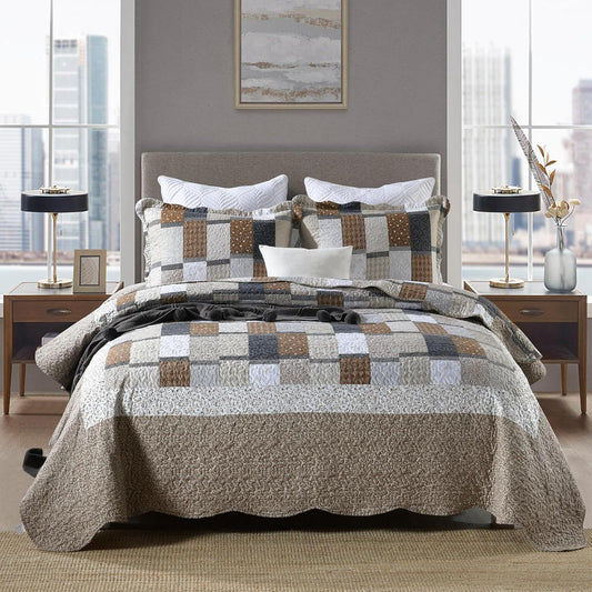 ENJOHOS Brown Plaid Floral Quilt Set King Size 98"x106", 3 Pcs Boho Bedspread Coverlet Set for All Season, Patchwork Reversible Bedding Set King
