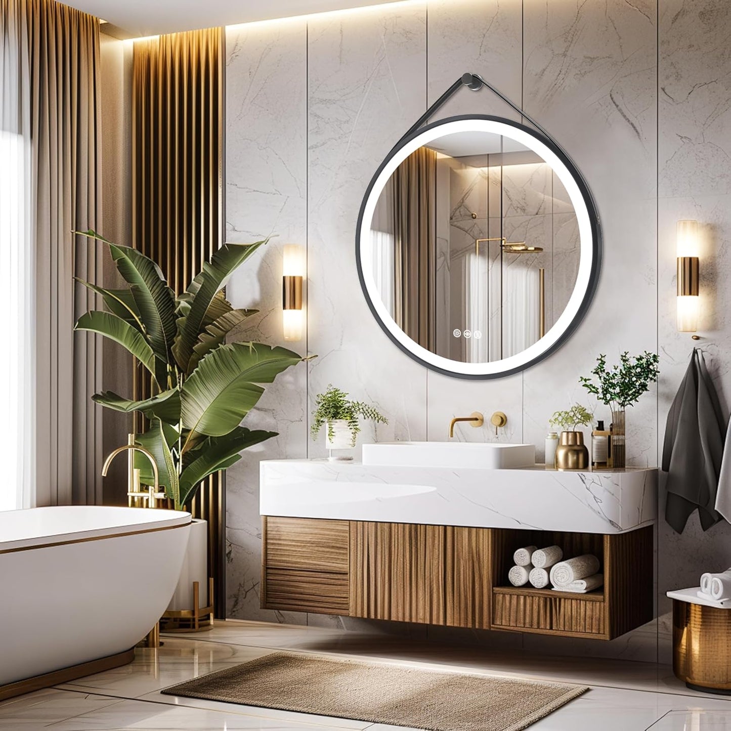 LUVODI Lighted LED Bathroom Mirror: 24” Round Wall Mounted Hanging Vanity Mirror with Front Light - Large Dimmable 3 Colors Makeup Mirror with Black Frame Sensor Touch Anti Fog for Bedroom Entryway